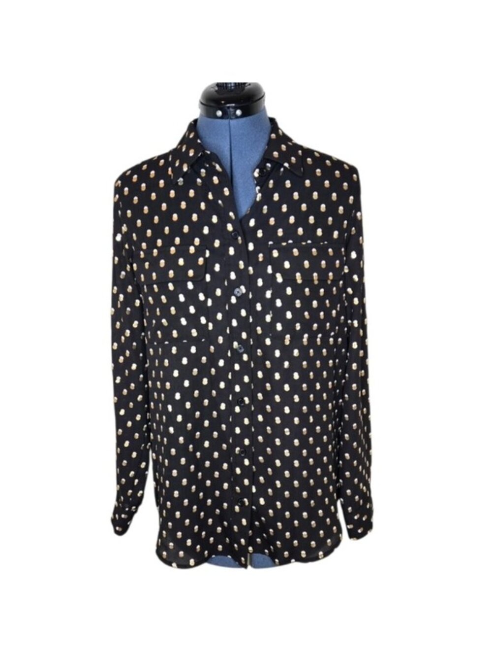 Who What Wear Blouse Womens M Black White Polka Dot Button Down Career Shirt